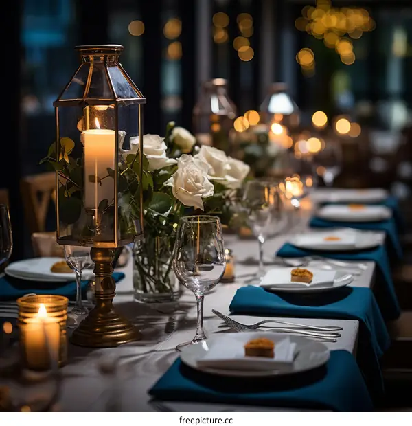 Elegant wedding table setting with white roses and candles