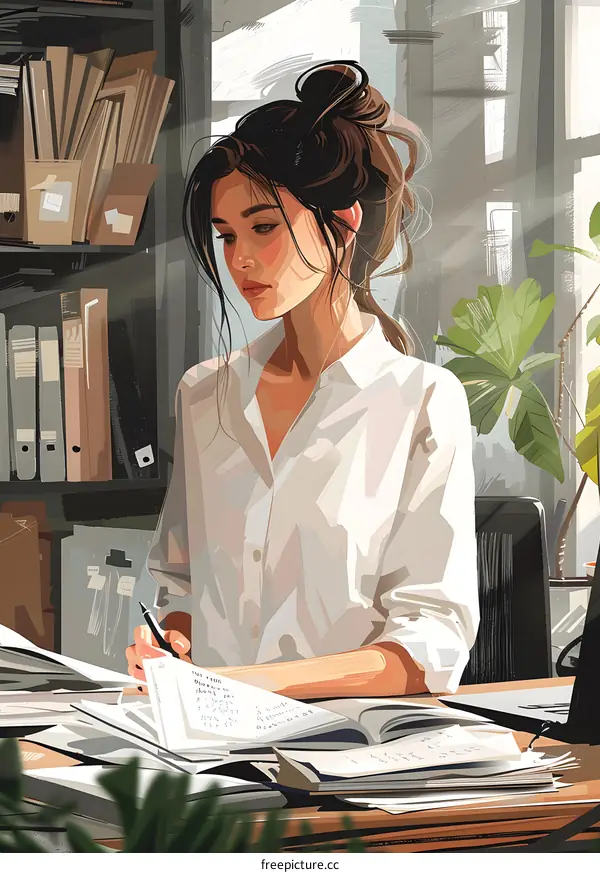 A thoughtful woman is working at her desk