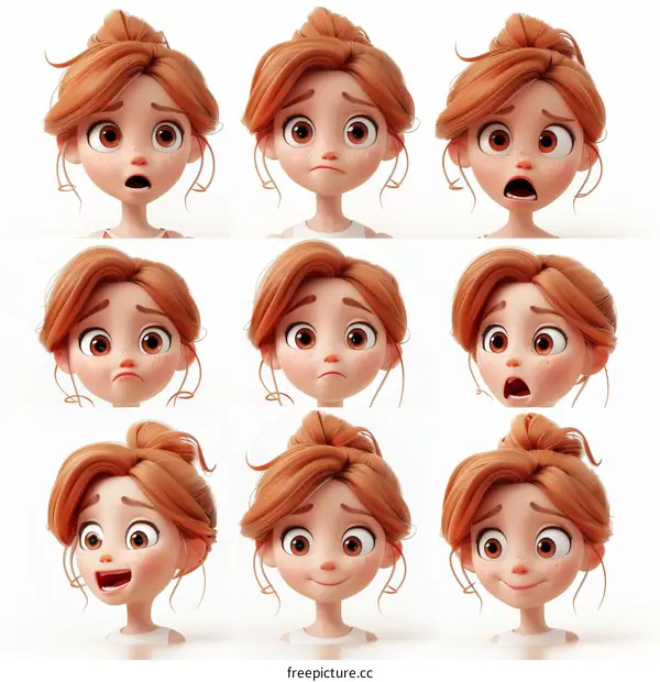 3D cartoon character with different facial expressions