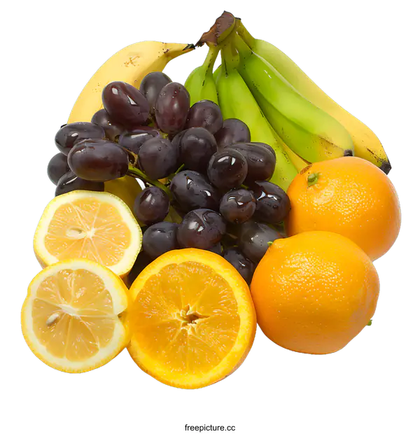 [Transparent Background PNG]Fresh Fruit Basket with Bananas, Oranges, Lemons and Grapes