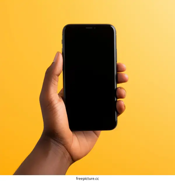 black hand holding a black phone with a blank screen