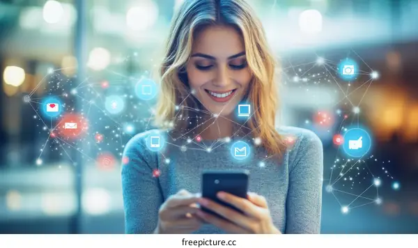 Woman using smartphone with digital network overlay