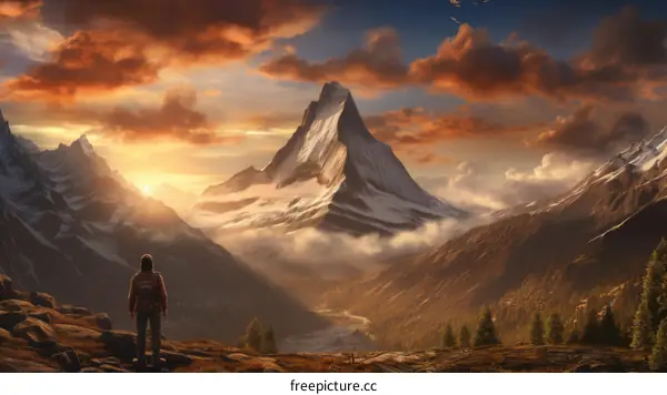 Man looking at majestic Matterhorn mountain in Switzerland during sunset