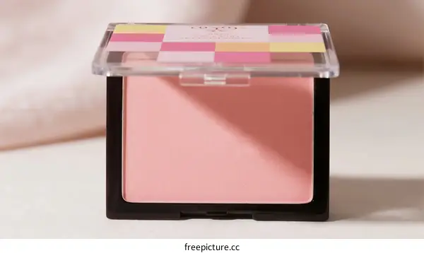 A soft pink blush compact with colorful checkered lid