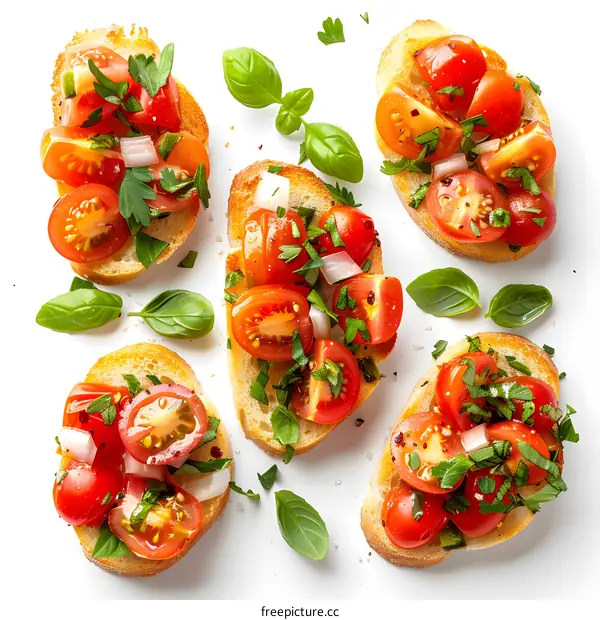 Bruschetta with Tomatoes and Basil on White Background
