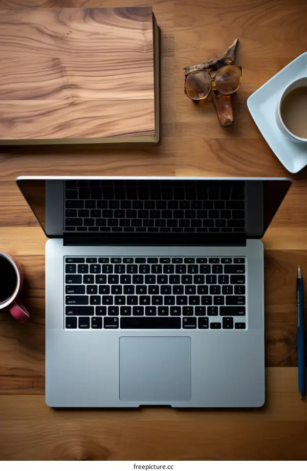 Laptop and coffee on wooden table