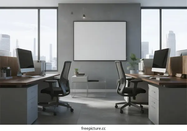 Modern office space with desks computers and blank whiteboard