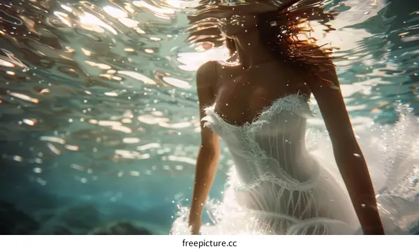 Woman in White Dress Floating Underwater
