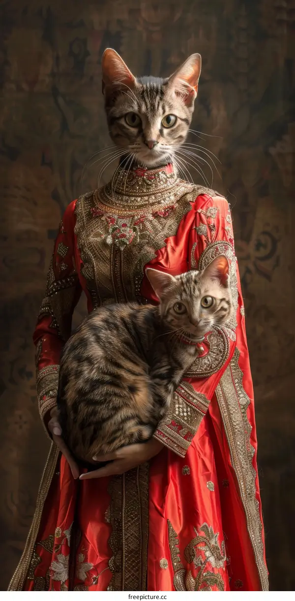 Cat in red dress holding a kitten in her arms