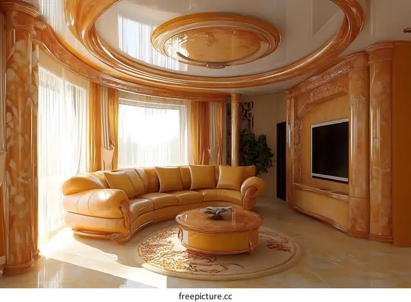 Modern Living Room Interior Design With Golden Color Scheme