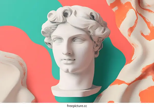 White Marble Bust Statue  Abstract Background with Colorful Shapes