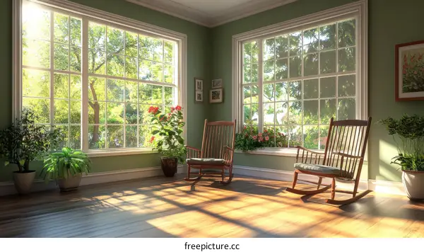 Sunny Room with Large Windows and Rocking Chairs