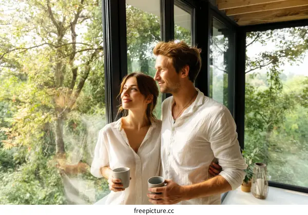 Couple enjoying the view from the large window