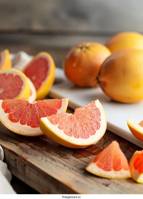 Freshly Cut Pink Grapefruit Slices on Wooden Board