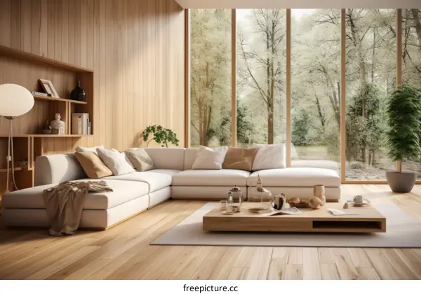 Airy and bright living room with large windows and a comfortable sofa