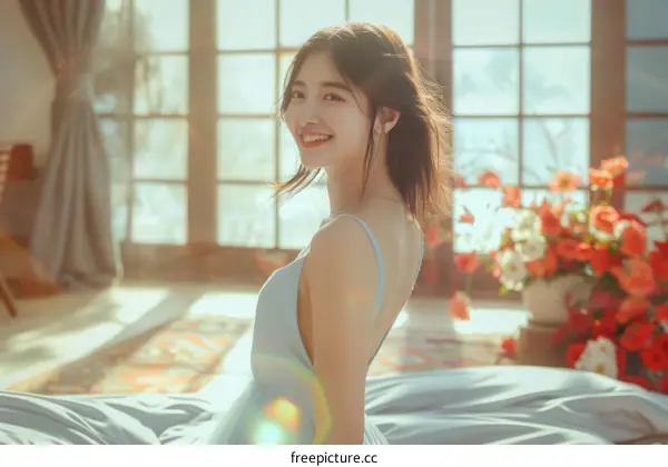 Smiling Asian Woman in Blue Dress by Window