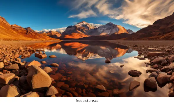 Mountains and lake landscape with rocks in foreground