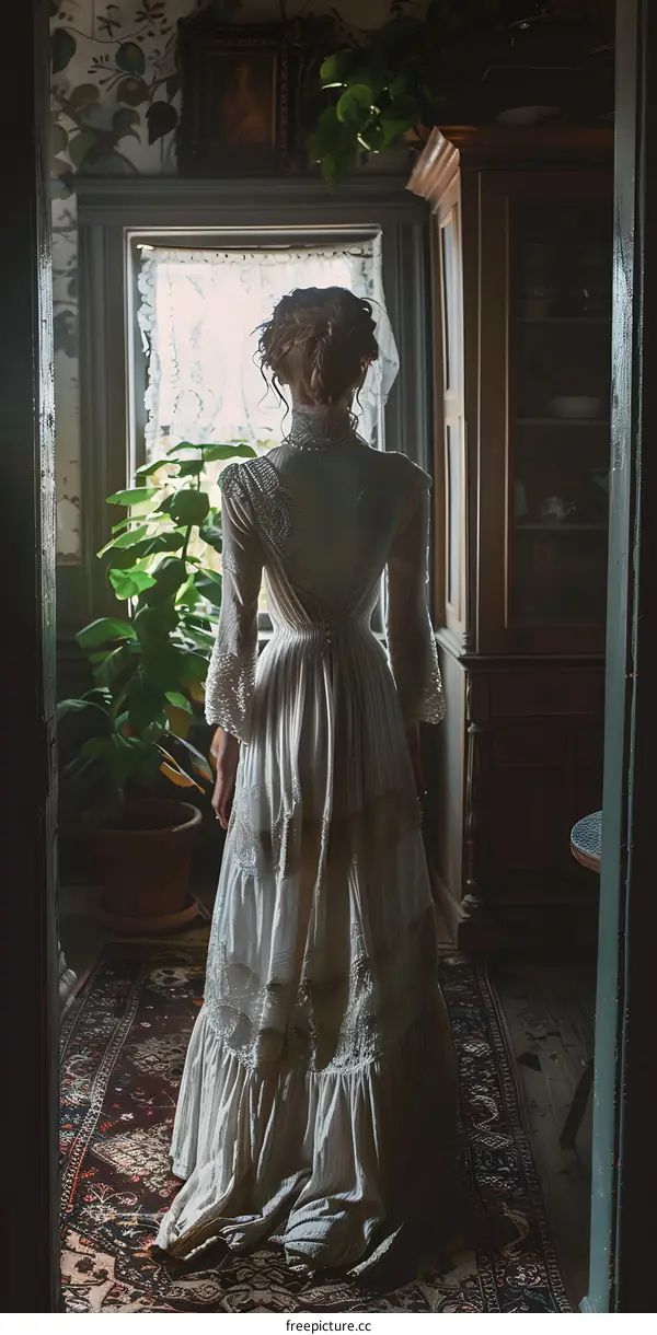 Woman in White Dress Standing by Window in Old House