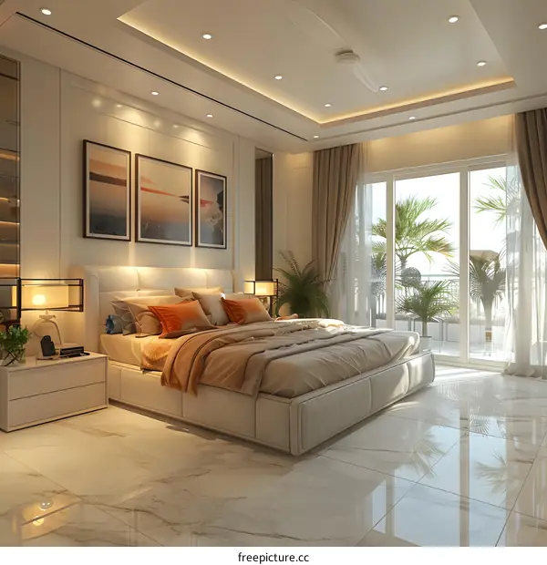 A bedroom with a large bed, a sitting area, and a balcony