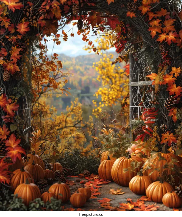 Autumnal Archway Decorated with Pumpkins