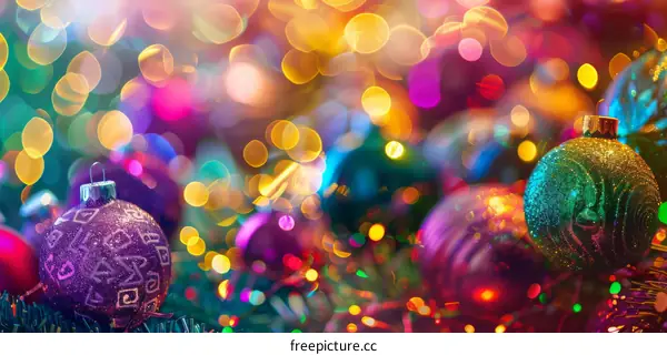 Glass Christmas Ornaments with Blurred Multicolored Lights
