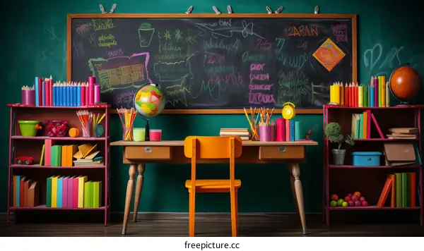 A classroom with a chalkboard, desk, and globe