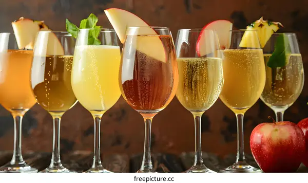 Row of Sparkling Apple Cider Cocktails with Fruit Garnish