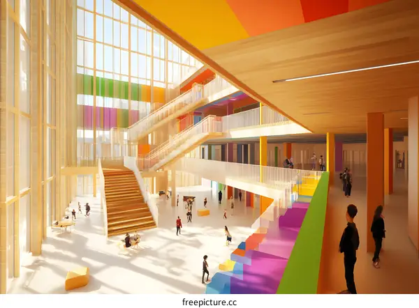 Modern School Building Interior Design with Colorful Stairs and Windows
