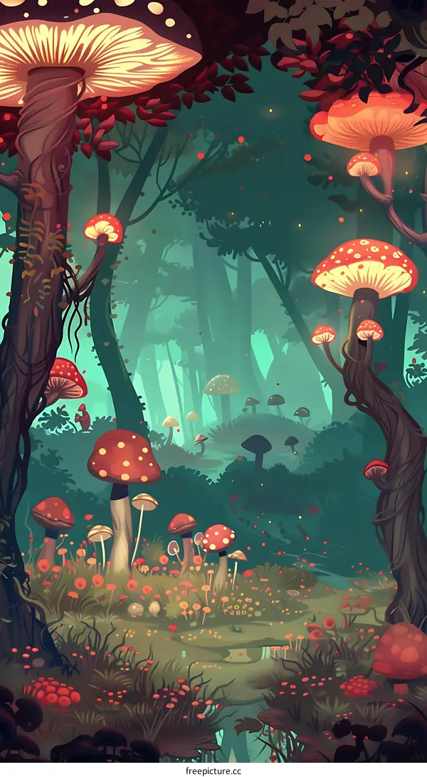 Fantasy Forest Illustration with Red and White Mushrooms