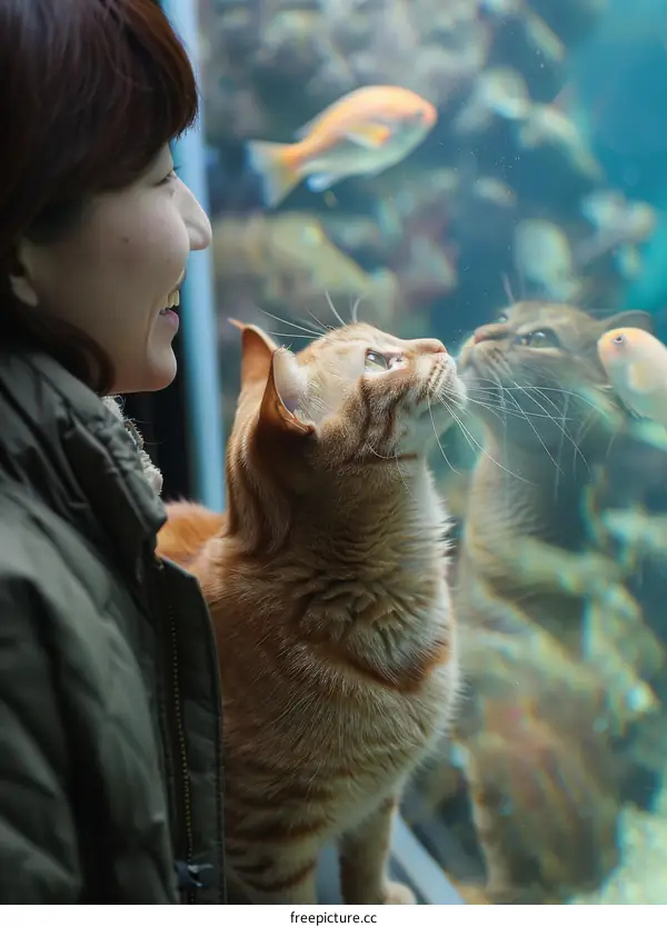 A ginger cat and a woman are looking at fishes in an aquarium