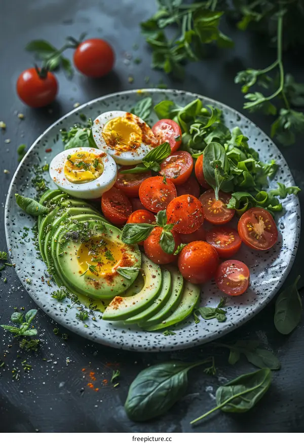 Delicious and healthy salad with avocado, tomato and egg