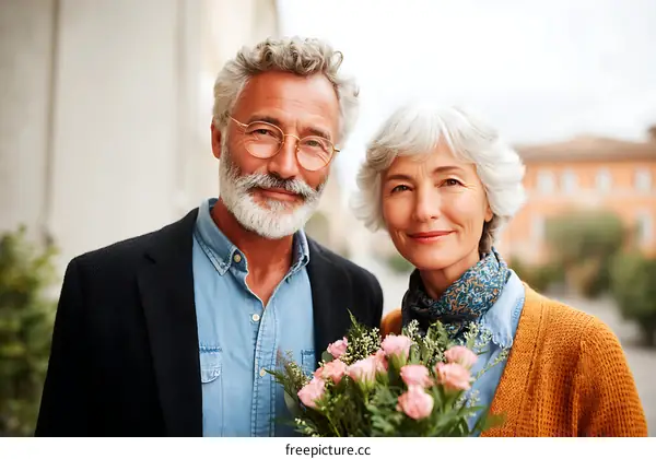Elderly Couple Posing Outdoors with Flowers