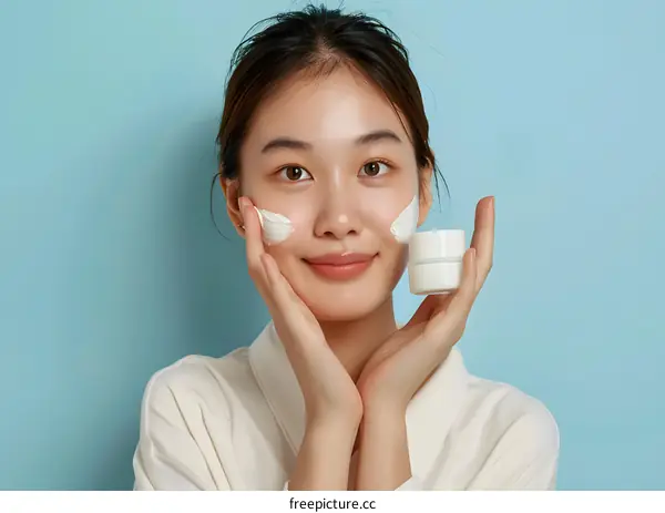 Smiling Woman with Cream on Her Face Holding a Jar of Moisturizer