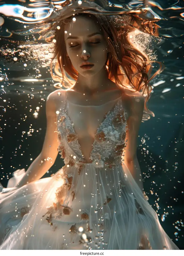 Elegant Woman in White Dress Underwater