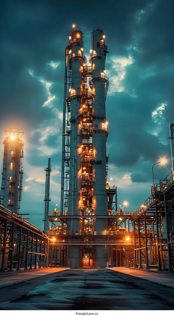 A large oil refinery at night