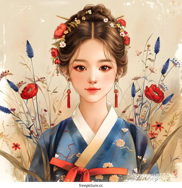 A beautiful illustration of a Korean woman in traditional dress
