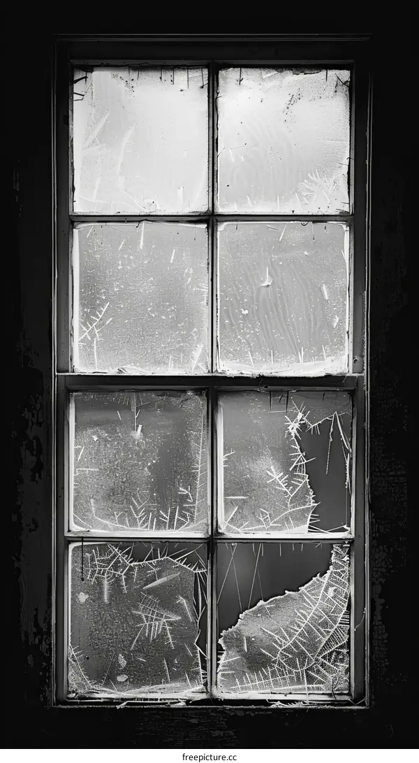Black and white photo of a window with ice crystals
