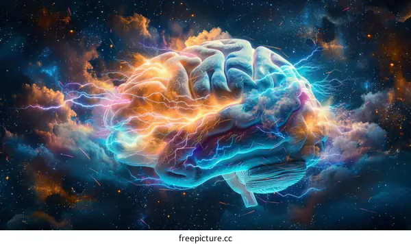 Brain with lightning bolts and glowing stars