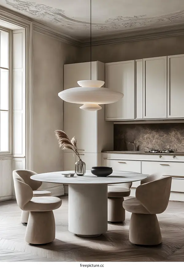 Modern Minimalist Kitchen Interior Design with Round Table and Unique Lighting