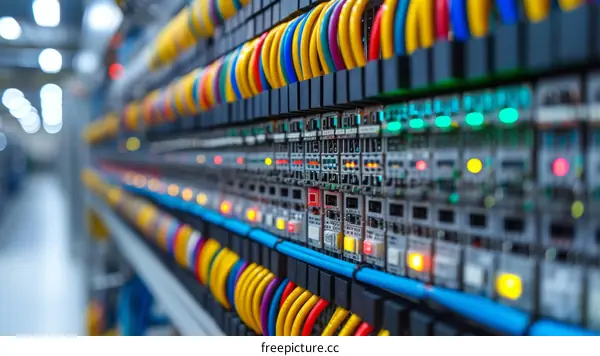 A server rack with colorful cables