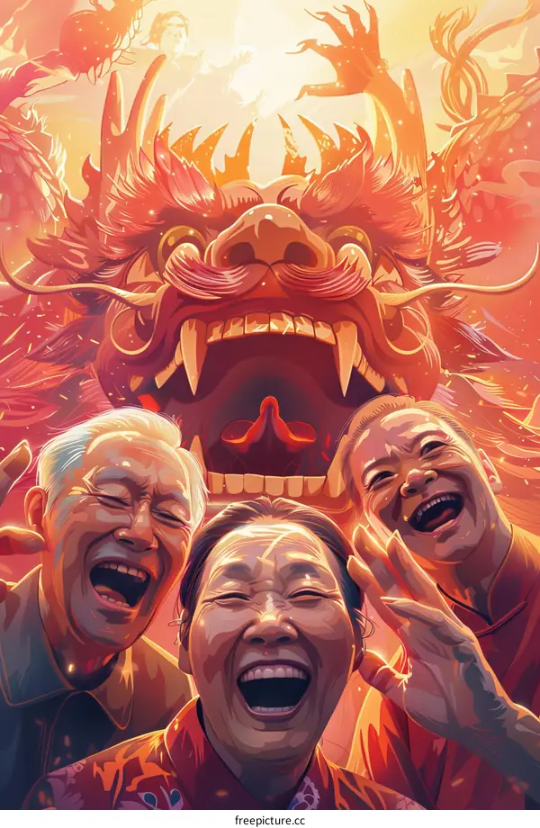 Happy Chinese New Year, laughing and celebrating with firecrackers.