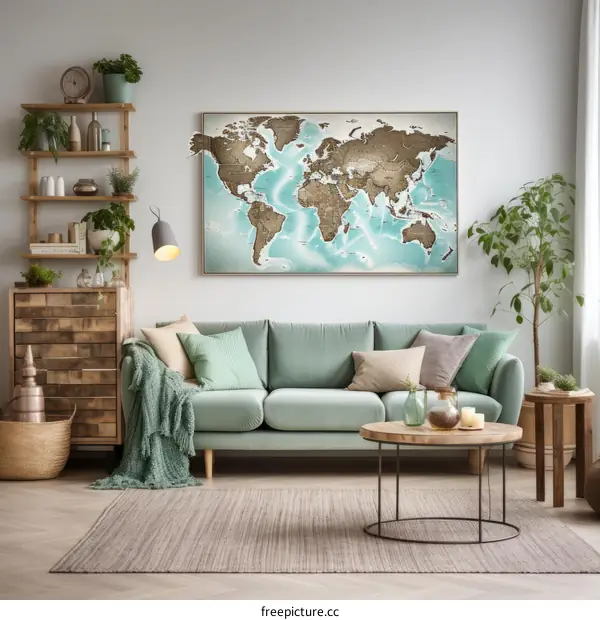 A living room with a world map on the wall
