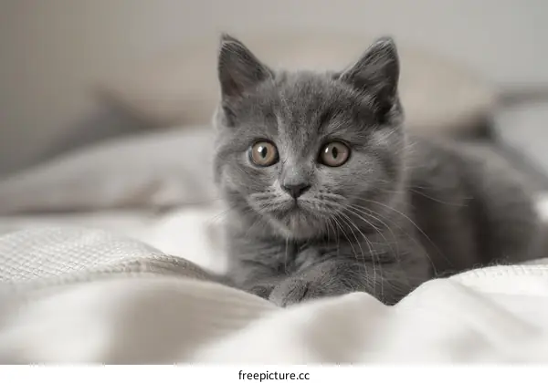 A cute gray kitten is lying on a white blanket
