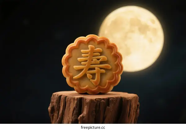 Mooncake with Chinese character 'shou' under full moon