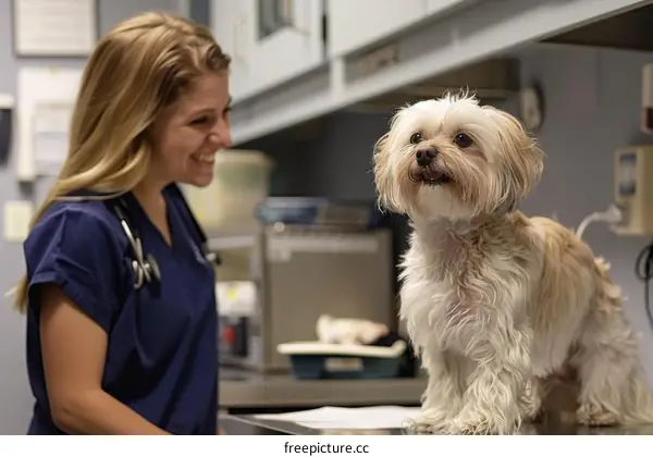 A smiling veterinarian with a dog on a metal examination table in a veterinary clinic