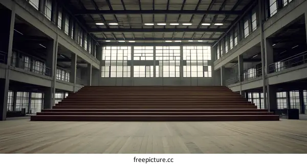 Concrete Building with Large Windows and Wooden Steps