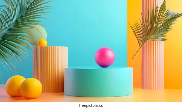 Abstract Summer Background with Geometric Shapes and Palm Leaves