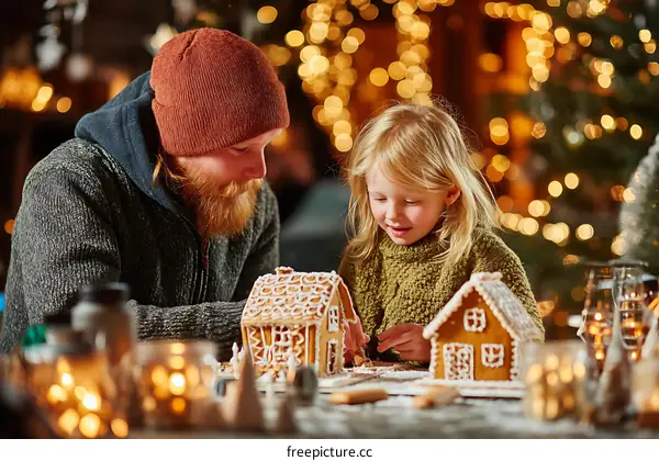 Father and Daughter Making Gingerbread Houses