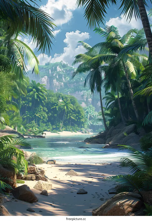 Tropical Beach with Pristine Waters and Verdant Greenery