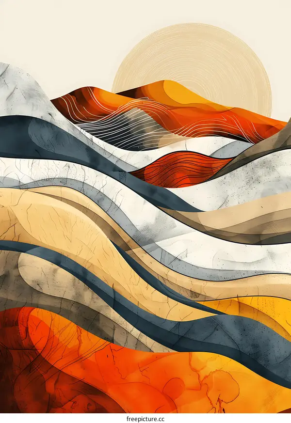 Abstract Watercolor Landscape Painting with Wavy Lines and Sun